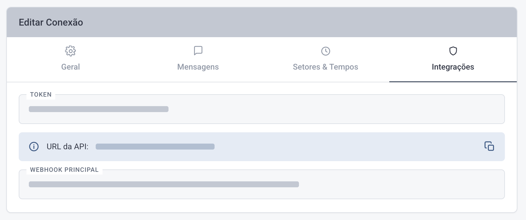 Campo de URL do Webhook no cadastro da Conexão